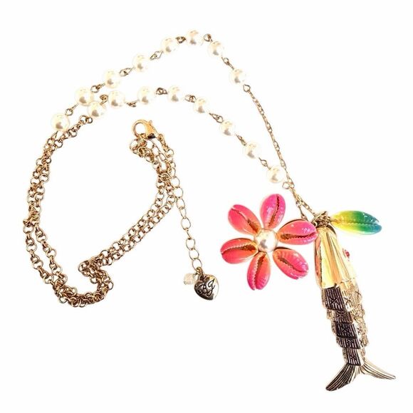 Betsey Johnson Real Cowrie Shell Flower & Articulated Fish Necklace - Picture 4 of 8